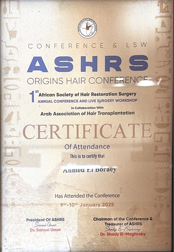 Dr. Ahmed El Borai – Turky Hair Clinic Egypt 3 CERTIFICATE OF ATTENDANCE TO DR. Ahmed Borai