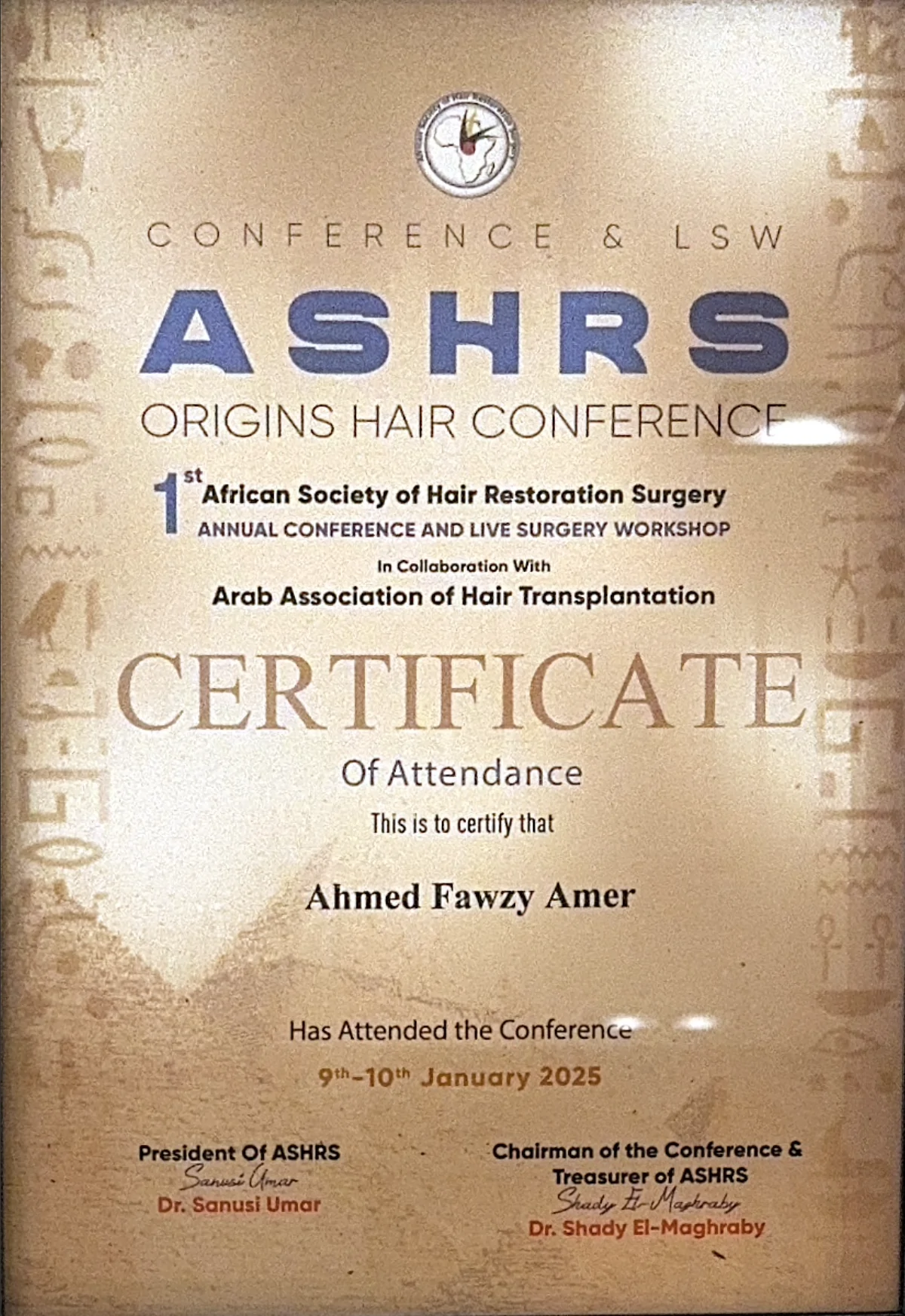 CERTIFICATE OF ATTENDANCE TO DR. Ahmed Fawzy Amer